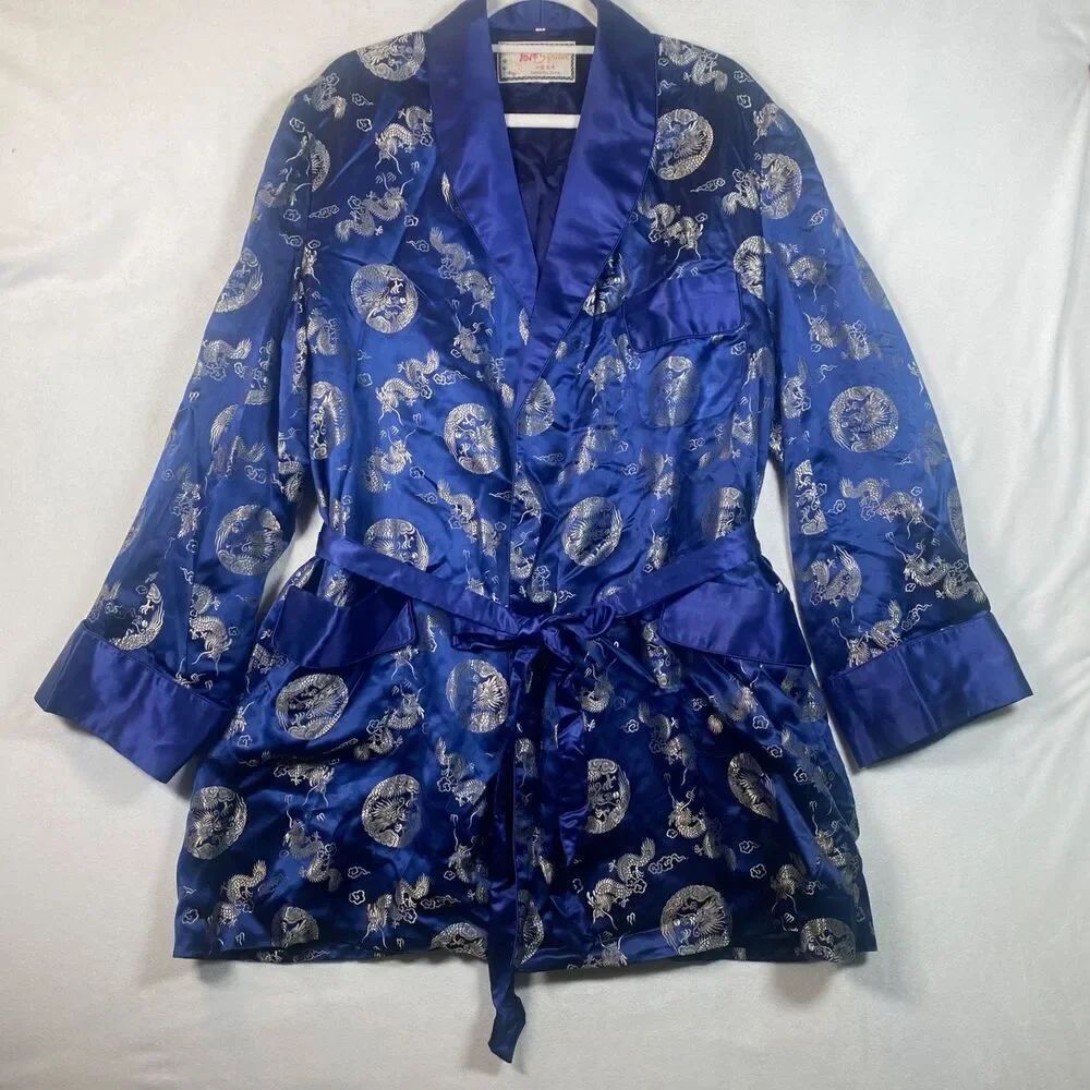 Vintage Squirrel Dragon Print Blue Satin Robe Belted Kimono Style Size 50